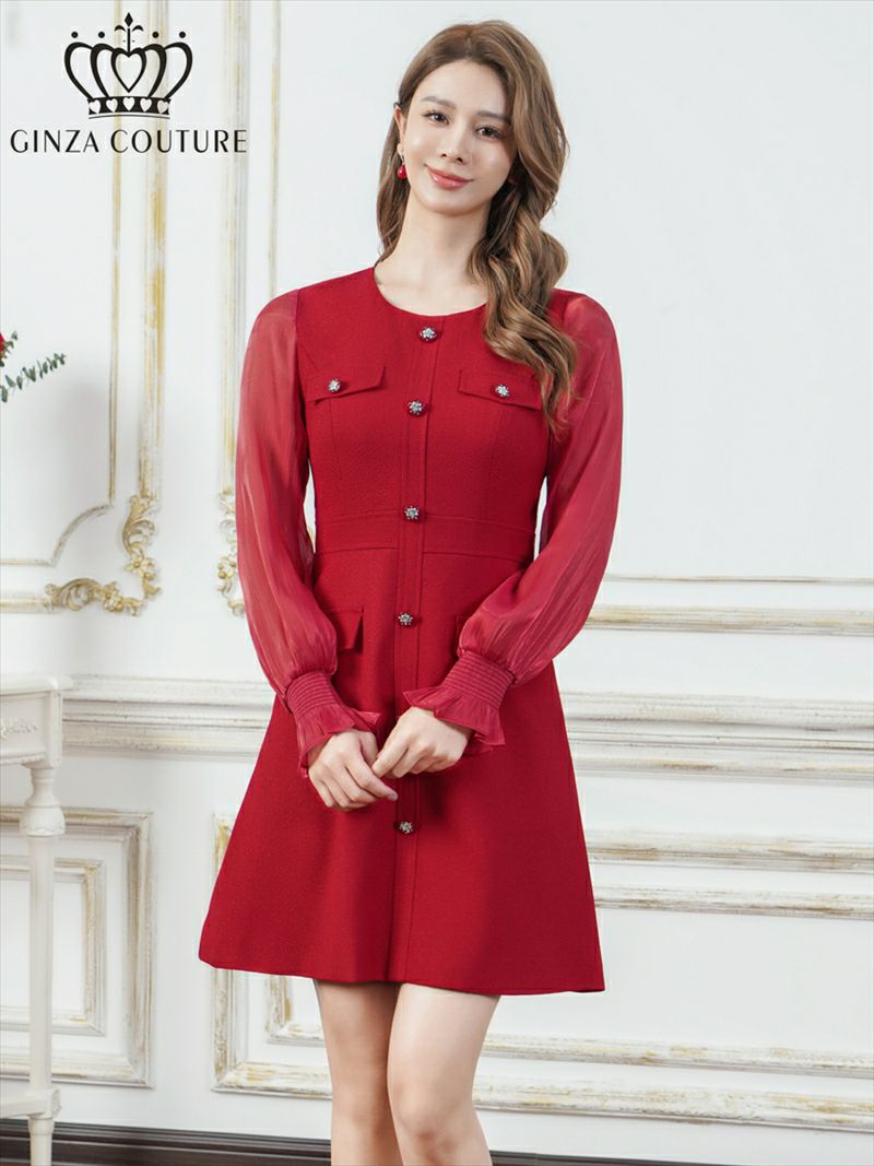 ERUKEI エルケイ ビジューボタン・シアー・ラメ糸・ポケット・切替・長袖・Aライン・ミニドレス・ワンピース ek-c24181-1