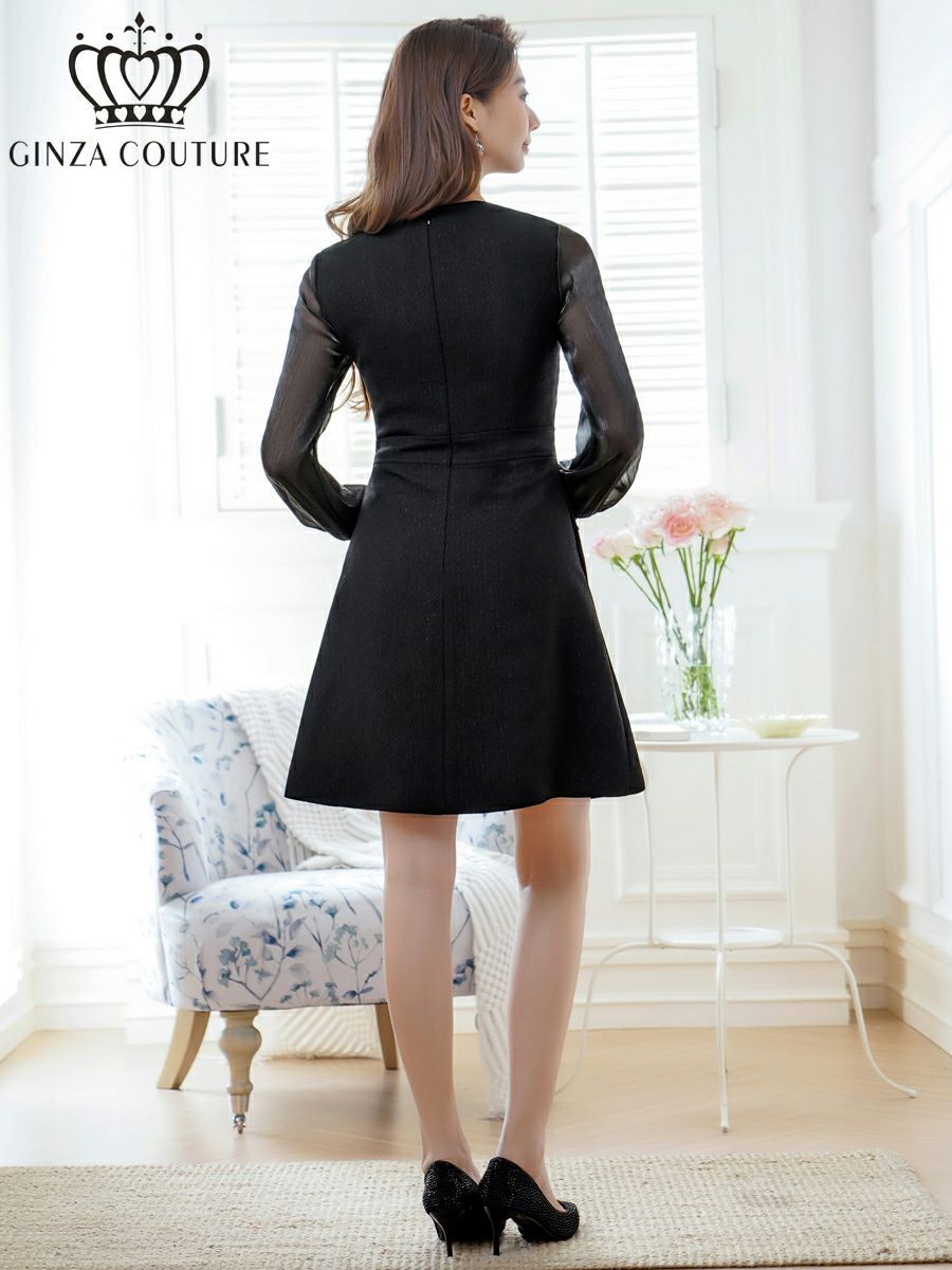 ERUKEI エルケイ ビジューボタン・シアー・ラメ糸・ポケット・切替・長袖・Aライン・ミニドレス・ワンピース ek-c24181-1