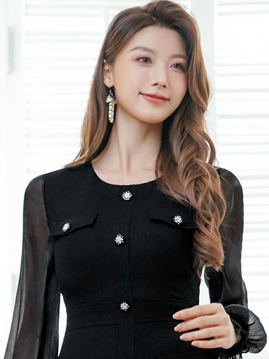 ERUKEI エルケイ ビジューボタン・シアー・ラメ糸・ポケット・切替・長袖・Aライン・ミニドレス・ワンピース ek-c24181-1