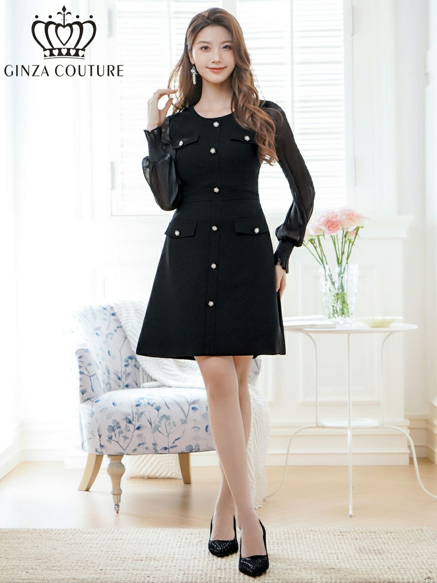 ERUKEI エルケイ ビジューボタン・シアー・ラメ糸・ポケット・切替・長袖・Aライン・ミニドレス・ワンピース ek-c24181-1