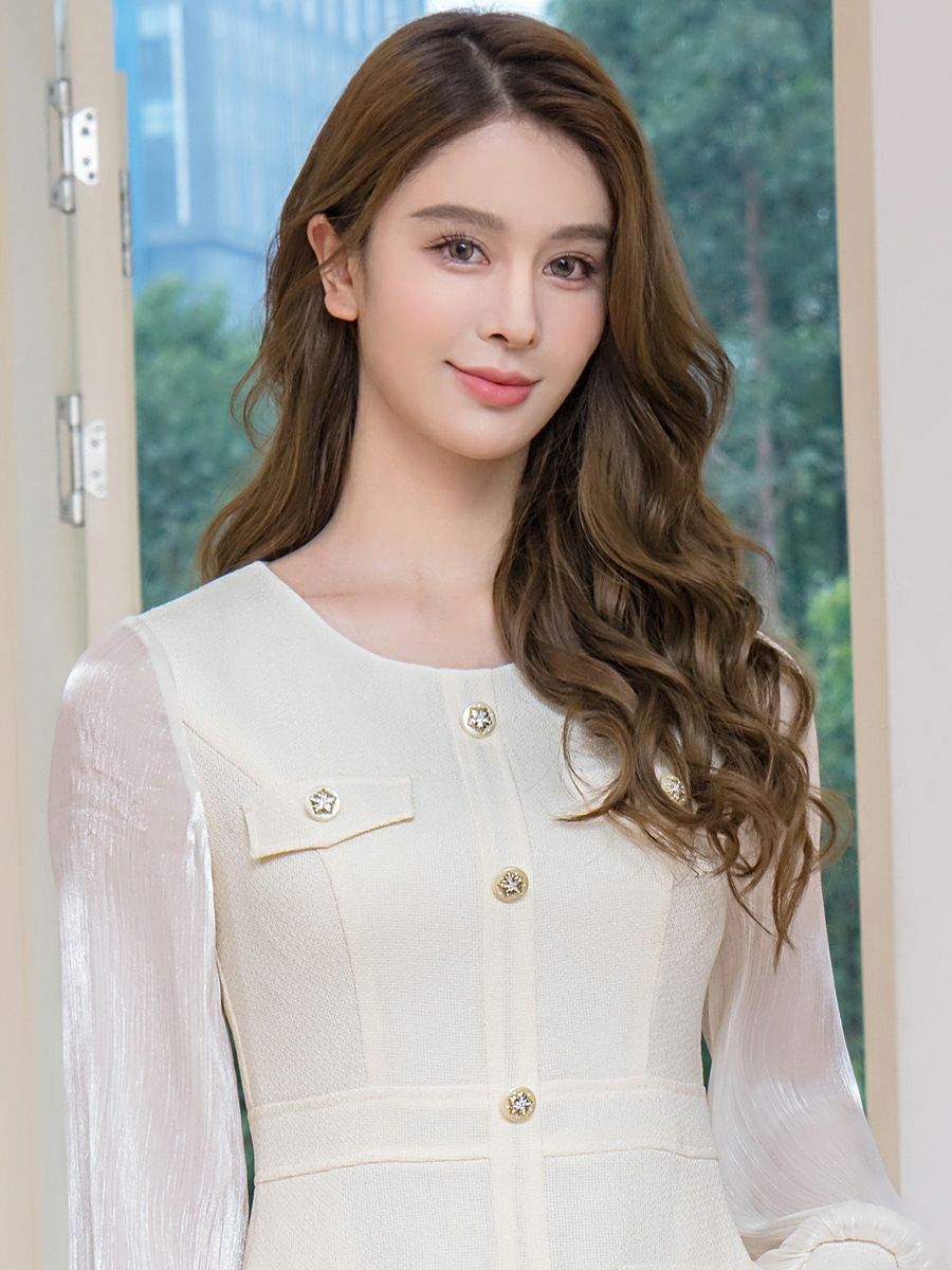 ERUKEI エルケイ ビジューボタン・シアー・ラメ糸・ポケット・切替・長袖・Aライン・ミニドレス・ワンピース ek-c24181-1