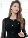 ERUKEI エルケイ ブラック ビジューボタン・シアー・ラメ糸・ポケット・切替・長袖・Aライン・ミニドレス・ワンピース ek-c24181-1