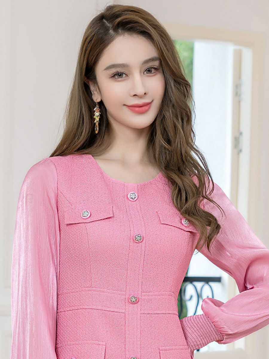 ERUKEI エルケイ ビジューボタン・シアー・ラメ糸・ポケット・切替・長袖・Aライン・ミニドレス・ワンピース ek-c24181-1