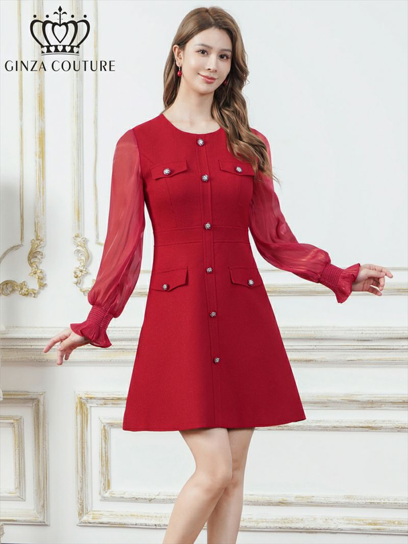 ERUKEI エルケイ ビジューボタン・シアー・ラメ糸・ポケット・切替・長袖・Aライン・ミニドレス・ワンピース ek-c24181-1