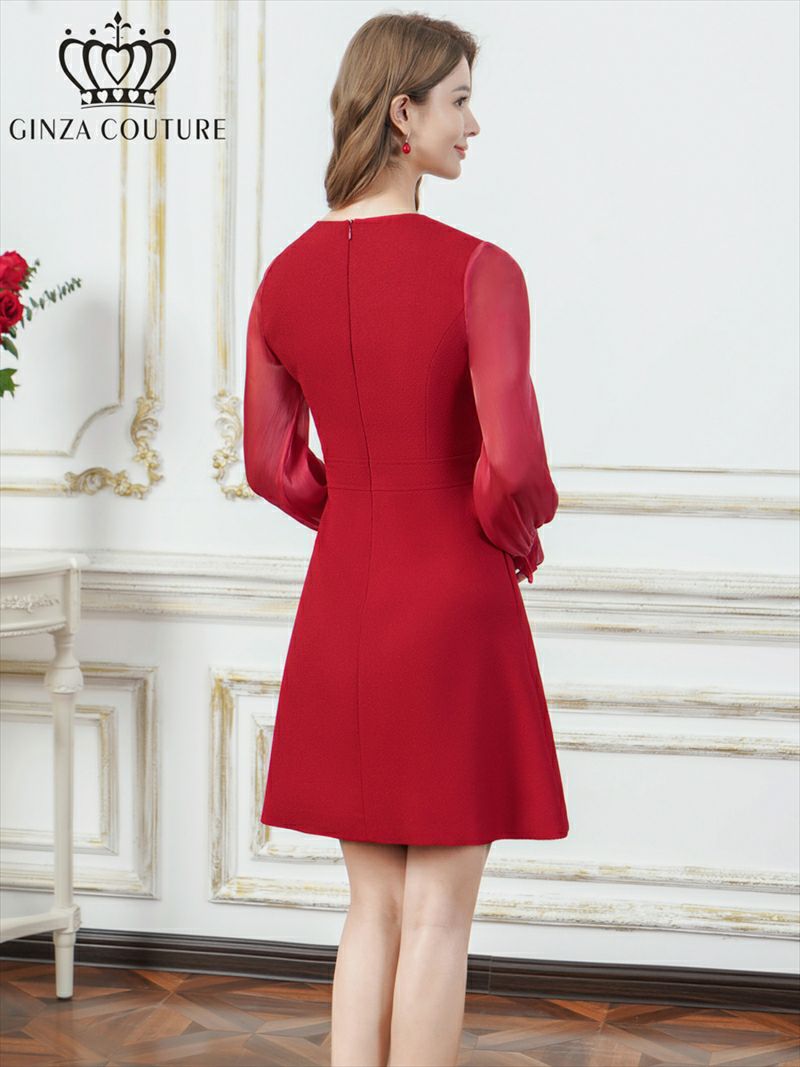 ERUKEI エルケイ ビジューボタン・シアー・ラメ糸・ポケット・切替・長袖・Aライン・ミニドレス・ワンピース ek-c24181-1