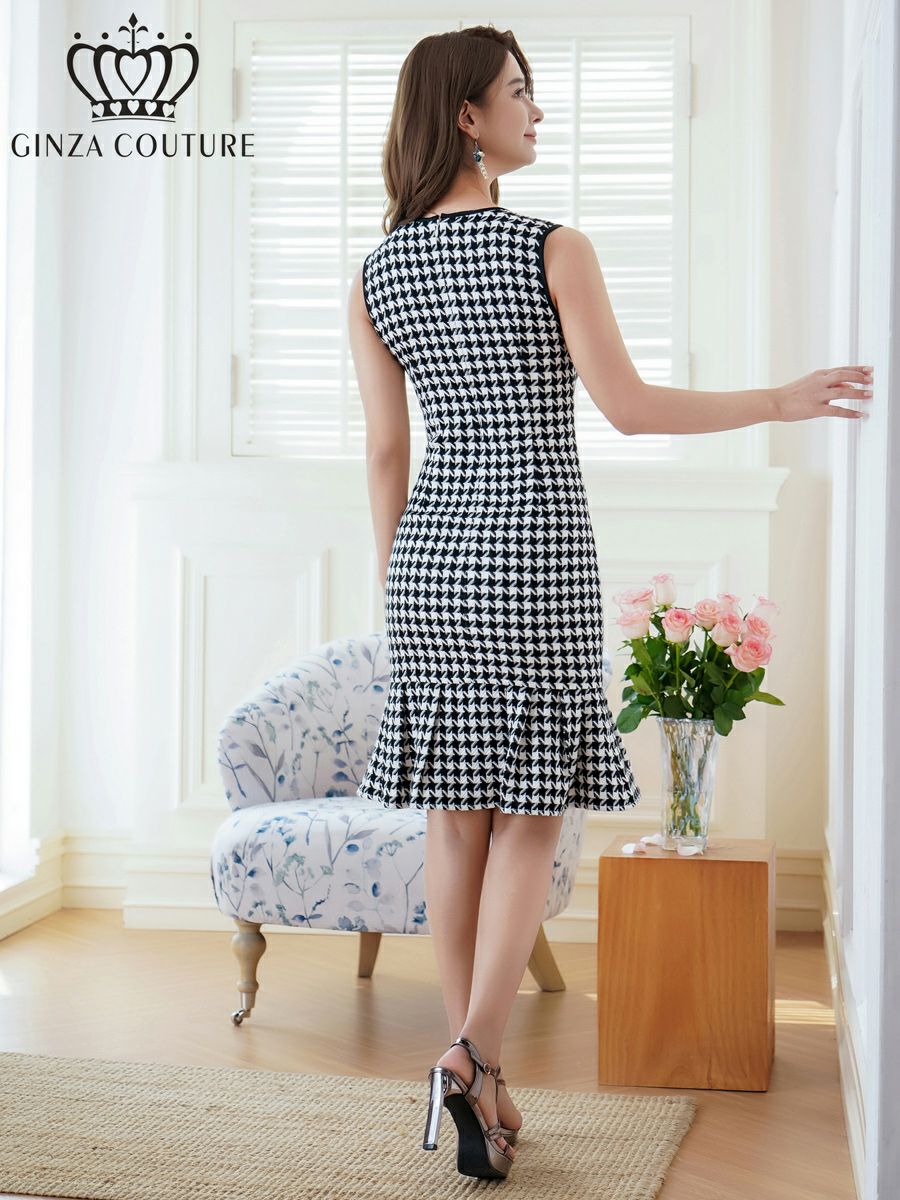 ERUKEI エルケイ ホワイト×ブラック 千鳥格子・チェック・ツイード・パイピング・ノースリーブ・マーメイド・シンプル・ミニドレス・ワンピース ek-c24167-1