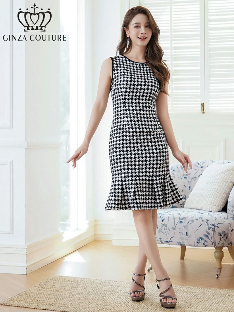 ERUKEI エルケイ ホワイト×ブラック 千鳥格子・チェック・ツイード・パイピング・ノースリーブ・マーメイド・シンプル・ミニドレス・ワンピース ek-c24167-1