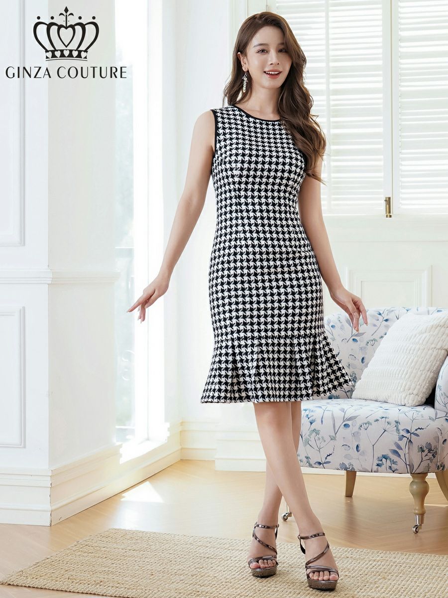 ERUKEI エルケイ ホワイト×ブラック 千鳥格子・チェック・ツイード・パイピング・ノースリーブ・マーメイド・シンプル・ミニドレス・ワンピース ek-c24167-1
