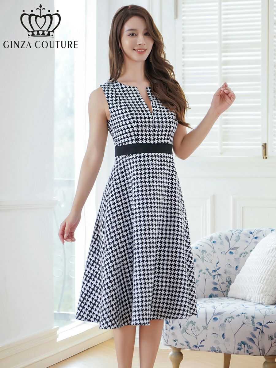 ERUKEI エルケイ ホワイト×ブラック 千鳥格子・チェック・ツイード・ノースリーブ・Aライン・ミディアムドレス・ワンピース ek-c24171-1