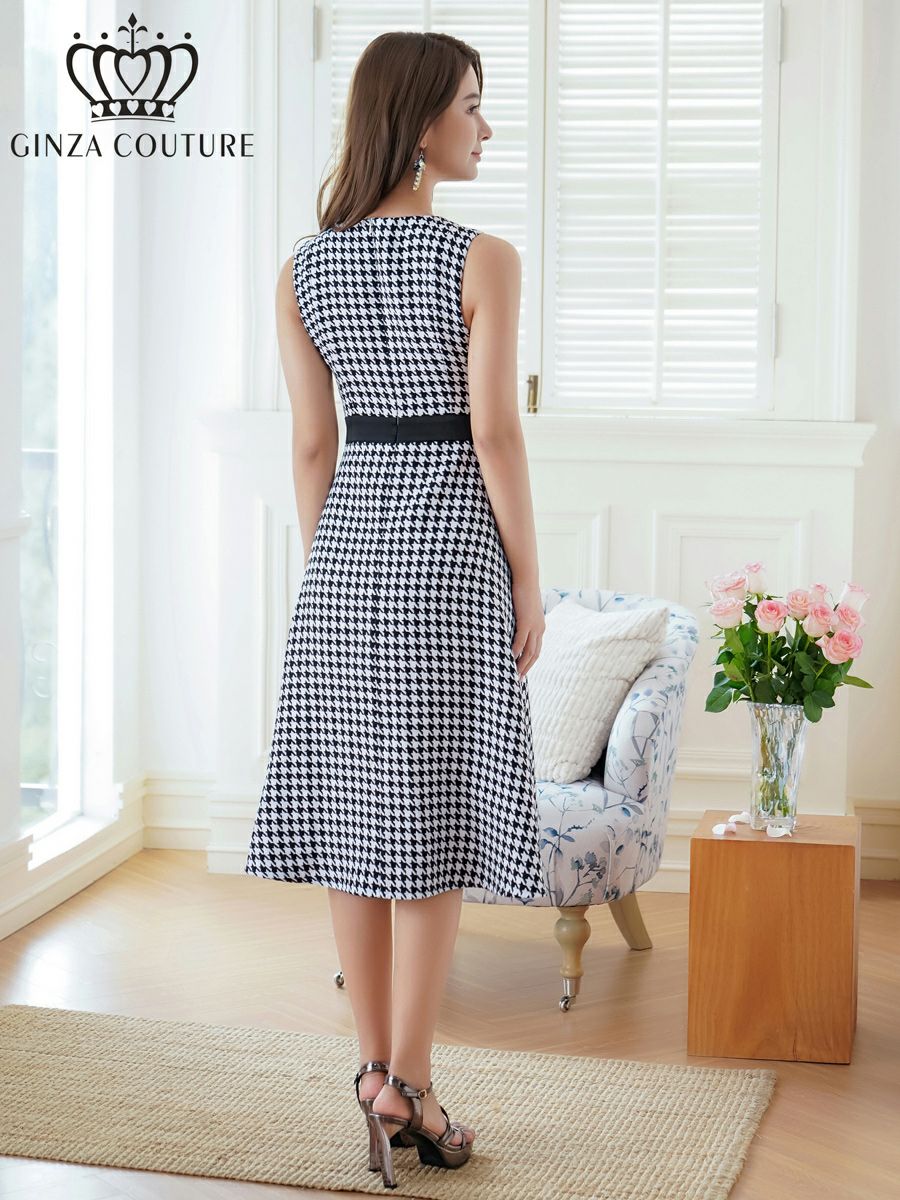 ERUKEI エルケイ ホワイト×ブラック 千鳥格子・チェック・ツイード・ノースリーブ・Aライン・ミディアムドレス・ワンピース ek-c24171-1
