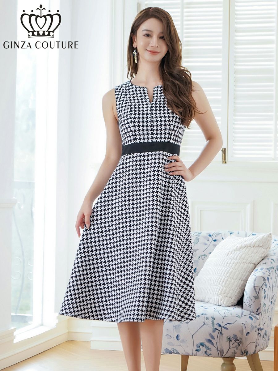 ERUKEI エルケイ ホワイト×ブラック 千鳥格子・チェック・ツイード・ノースリーブ・Aライン・ミディアムドレス・ワンピース ek-c24171-1