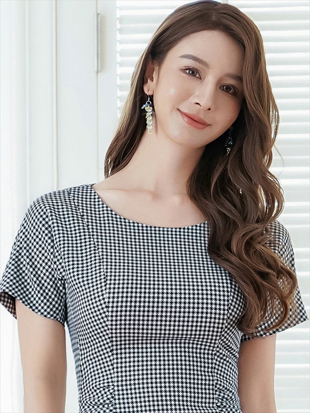 ERUKEI エルケイ ブラック×ホワイト 千鳥格子・チェック・シンプル・半袖・タイト・ミディアムドレス・ワンピース ek-c24173-1