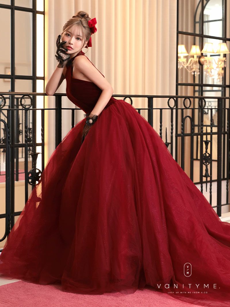 vanityME.couture. バニティミークチュール *Romantic Holiday Dress* アメリカンスリーブ ベルベット ラメ入りチュール プリンセス 姫 ロングドレス バースデードレス レッド vctr-t-24114-2