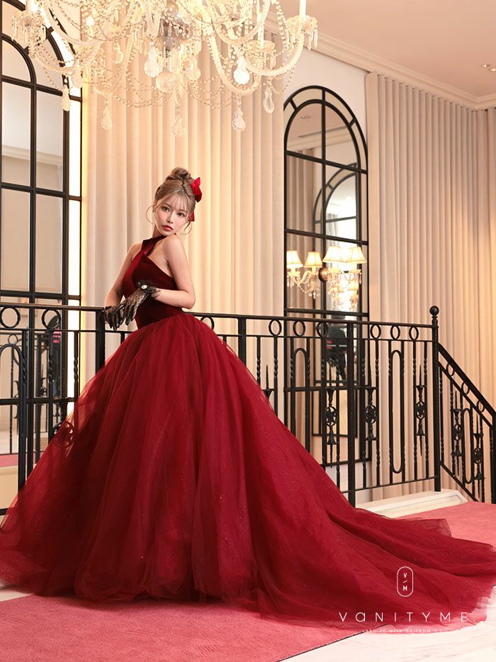 vanityME.couture. バニティミークチュール *Romantic Holiday Dress* アメリカンスリーブ ベルベット ラメ入りチュール プリンセス 姫 ロングドレス バースデードレス レッド vctr-t-24114-2
