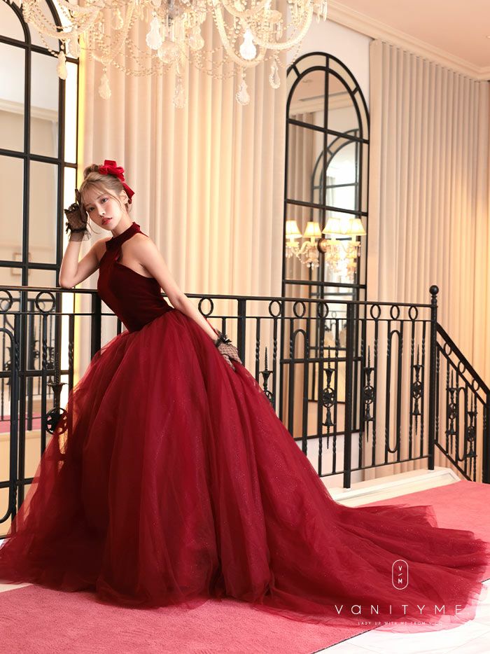 vanityME.couture. バニティミークチュール *Romantic Holiday Dress* アメリカンスリーブ ベルベット ラメ入りチュール プリンセス 姫 ロングドレス バースデードレス レッド vctr-t-24114-2