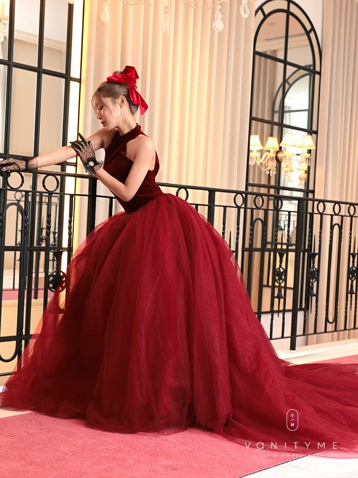 vanityME.couture. バニティミークチュール *Romantic Holiday Dress* アメリカンスリーブ ベルベット ラメ入りチュール プリンセス 姫 ロングドレス バースデードレス レッド vctr-t-24114-2