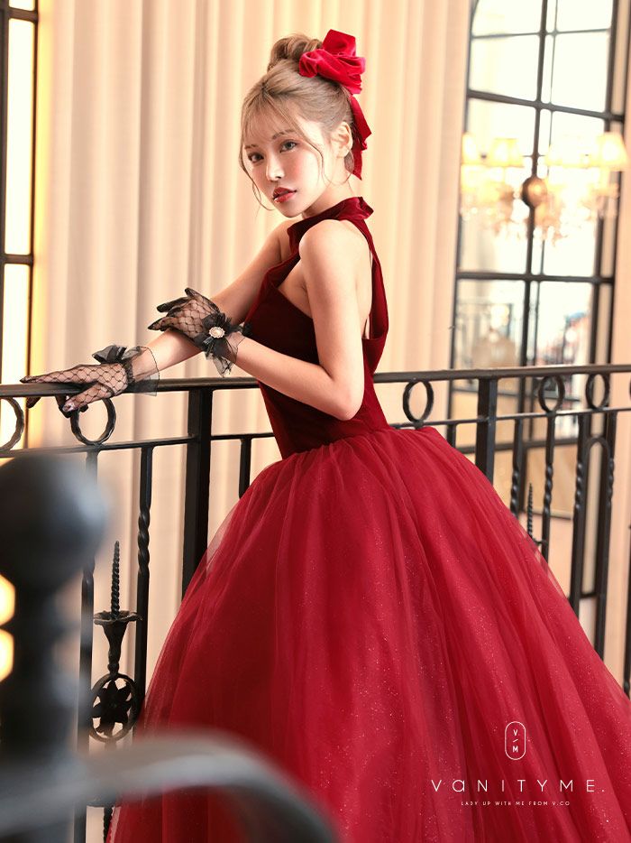 vanityME.couture. バニティミークチュール *Romantic Holiday Dress* アメリカンスリーブ ベルベット ラメ入りチュール プリンセス 姫 ロングドレス バースデードレス レッド vctr-t-24114-2