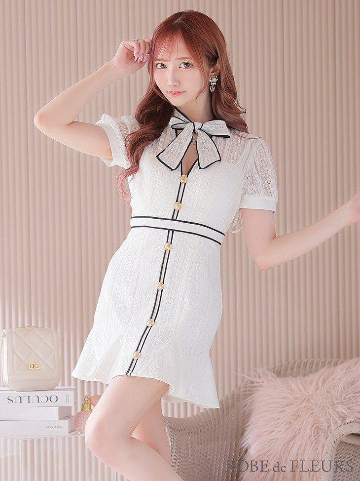 ROBE de FLEURS ローブドフルール ホワイト リボン×レースミニドレス fm2944-1