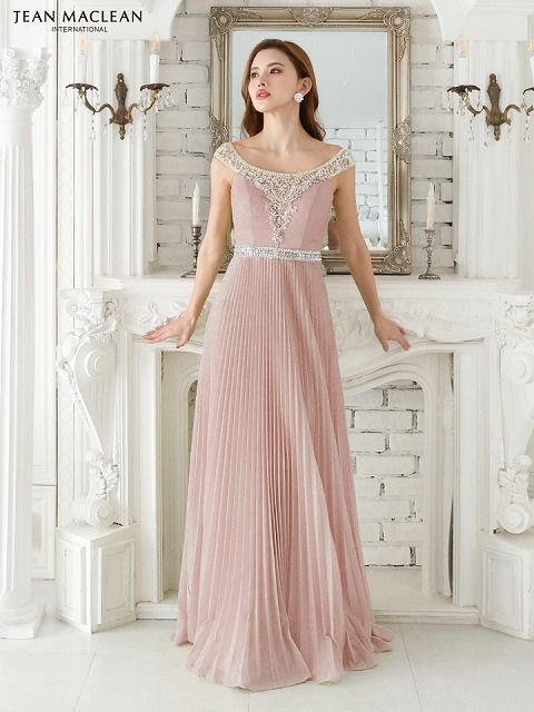 JEAN MACLEAN ジャンマクレーン オフショル/ビジュー/ラメニット/プリーツ/フレア/ロングドレス ピンクベージュ ja41551-1-ks