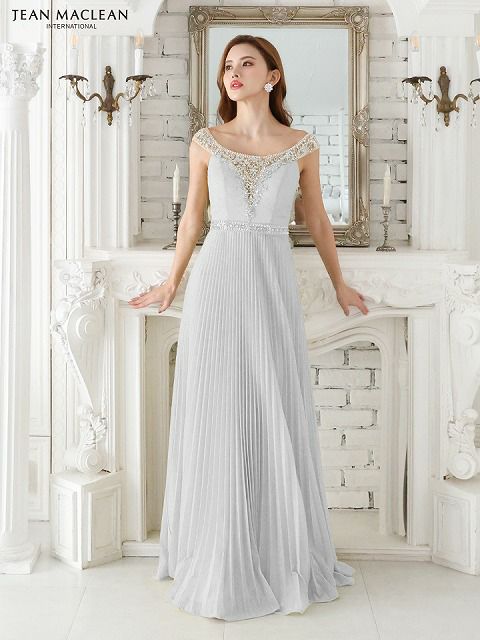 JEAN MACLEAN ジャンマクレーン オフショル/ビジュー/ラメニット/プリーツ/フレア/ロングドレス ピンクベージュ ja41551-1-ks