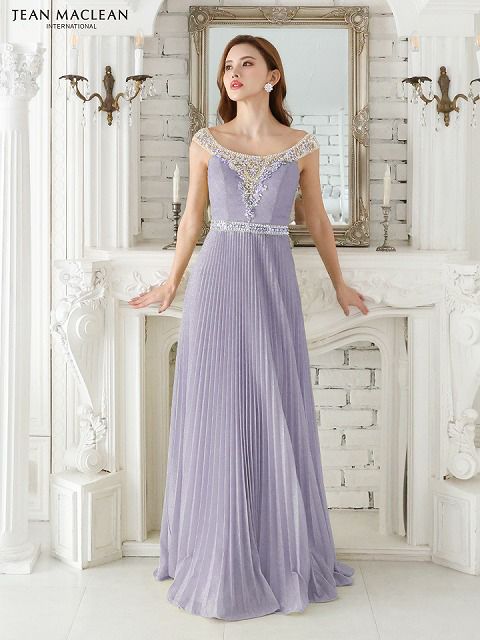 JEAN MACLEAN ジャンマクレーン オフショル/ビジュー/ラメニット/プリーツ/フレア/ロングドレス ja41551-c