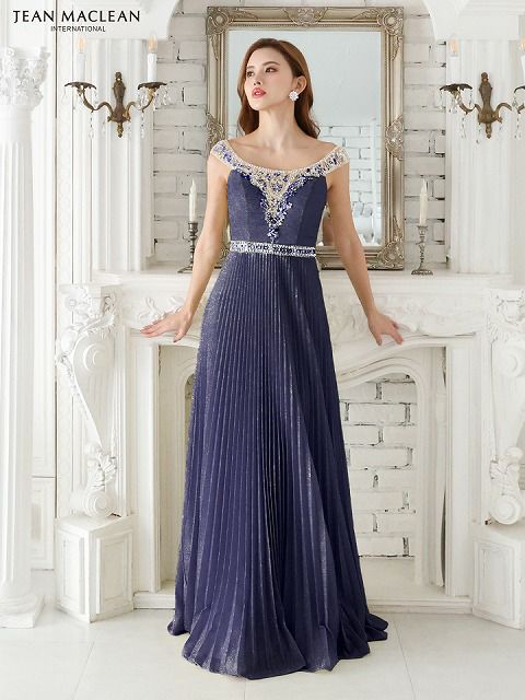 JEAN MACLEAN ジャンマクレーン オフショル/ビジュー/ラメニット/プリーツ/フレア/ロングドレス ja41551-c