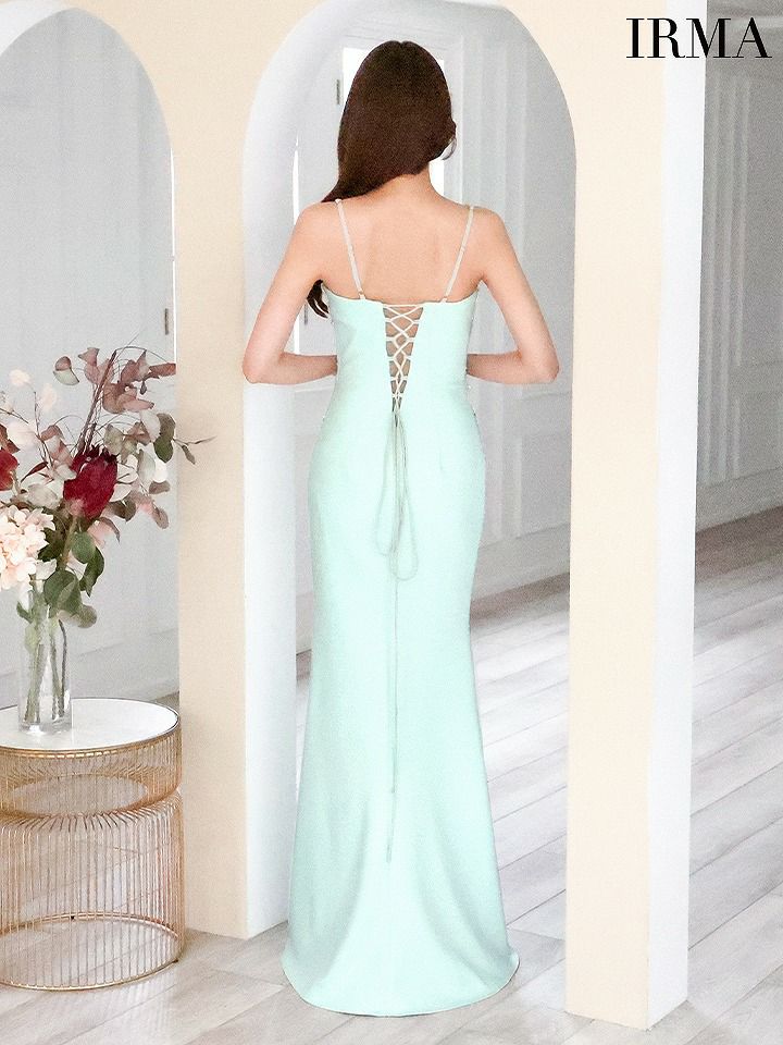 IRMA イルマ ワンカラー/ビジュー/シアーショルダー/スリット入り/タイト ロングドレス ir51776-c