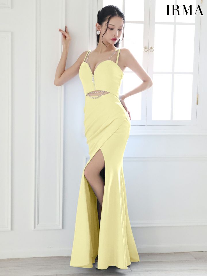 IRMA イルマ ワンカラー/ウエストカット/パールチェーン付き/フロントジップ/スリット入り/タイト ロングドレス ir55036-c