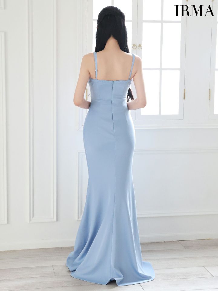 IRMA イルマ ワンカラー/ウエストカット/パールチェーン付き/フロントジップ/スリット入り/タイト ロングドレス ir55036-c