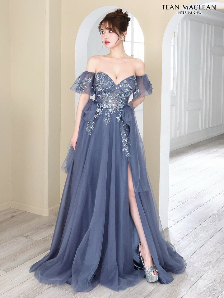 JEAN MACLEAN ジャンマクレーン ビジューフラワーモチーフ/刺繍レース/サイドウエスト編み上げリボン/スリット入り/姫/ロングドレス 【パフスリーブ取り外し可能】 ja51786-c