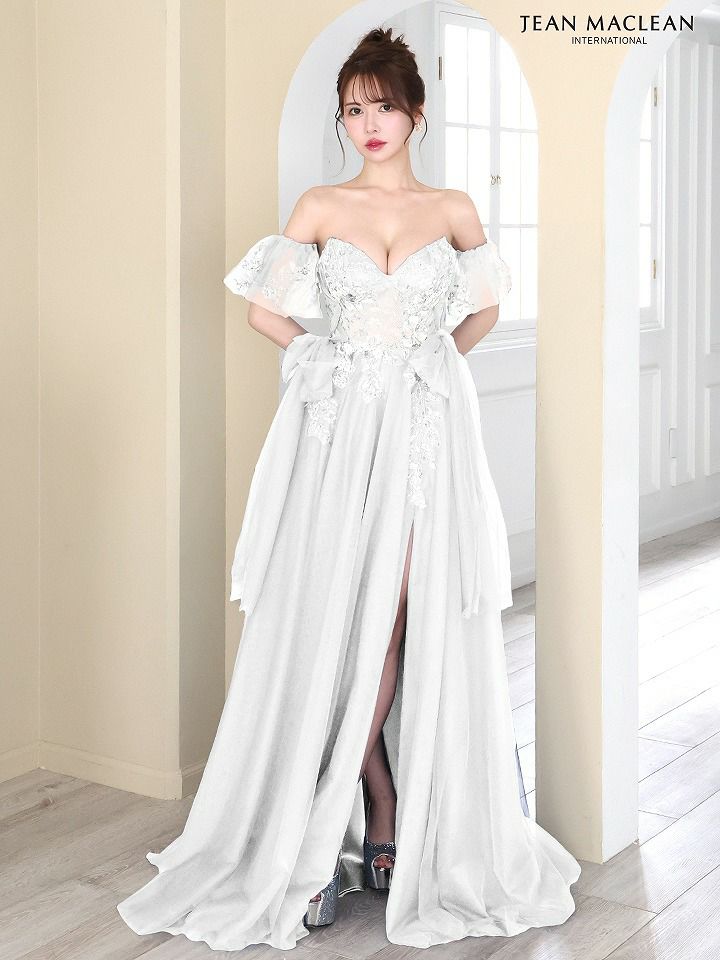 JEAN MACLEAN ジャンマクレーン ビジューフラワーモチーフ/刺繍レース/サイドウエスト編み上げリボン/スリット入り/姫/ロングドレス 【パフスリーブ取り外し可能】 ja51786-c