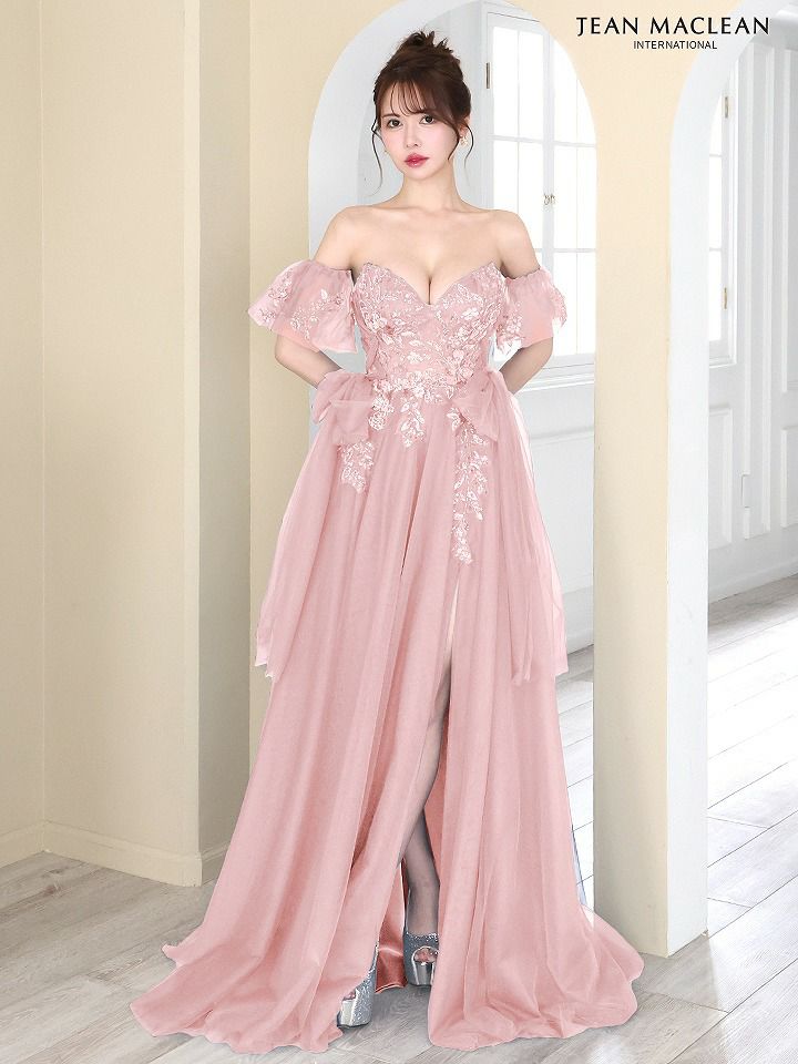 JEAN MACLEAN ジャンマクレーン ビジューフラワーモチーフ/刺繍レース/サイドウエスト編み上げリボン/スリット入り/姫/ロングドレス 【パフスリーブ取り外し可能】 ja51786-c