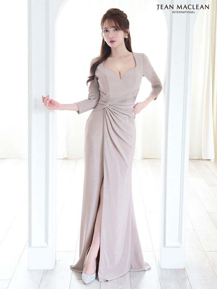 JEAN MACLEAN ジャンマクレーン ワンカラー/ロングスリーブ/ラメニット/ウエストタック/スリット入り/タイト/ロングドレス ja51782-c