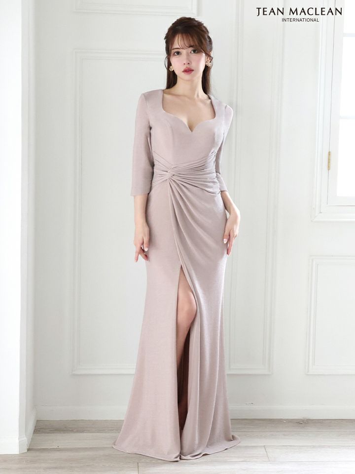 JEAN MACLEAN ジャンマクレーン ワンカラー/ロングスリーブ/ラメニット/ウエストタック/スリット入り/タイト/ロングドレス ja51782-c