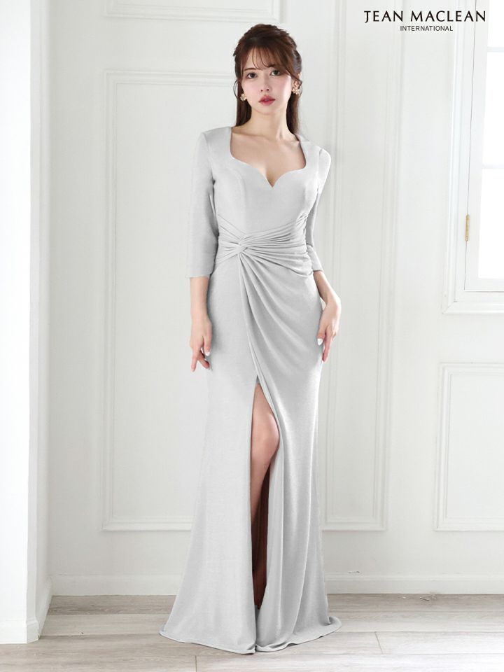 JEAN MACLEAN ジャンマクレーン ワンカラー/ロングスリーブ/ラメニット/ウエストタック/スリット入り/タイト/ロングドレス ja51782-c