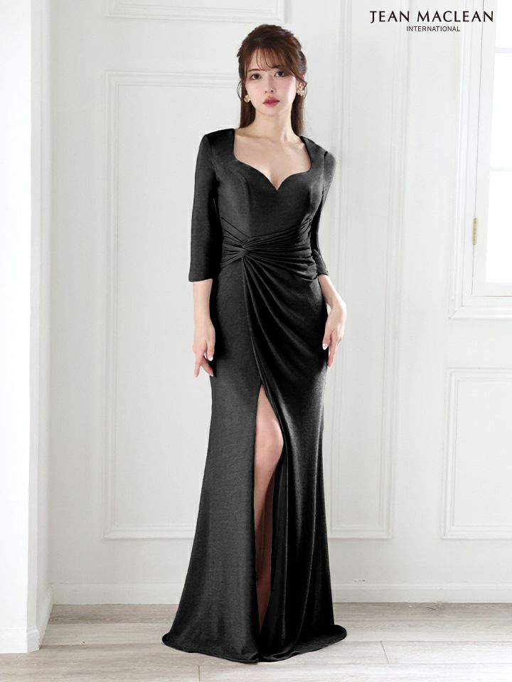 JEAN MACLEAN ジャンマクレーン ワンカラー/ロングスリーブ/ラメニット/ウエストタック/スリット入り/タイト/ロングドレス ja51782-c