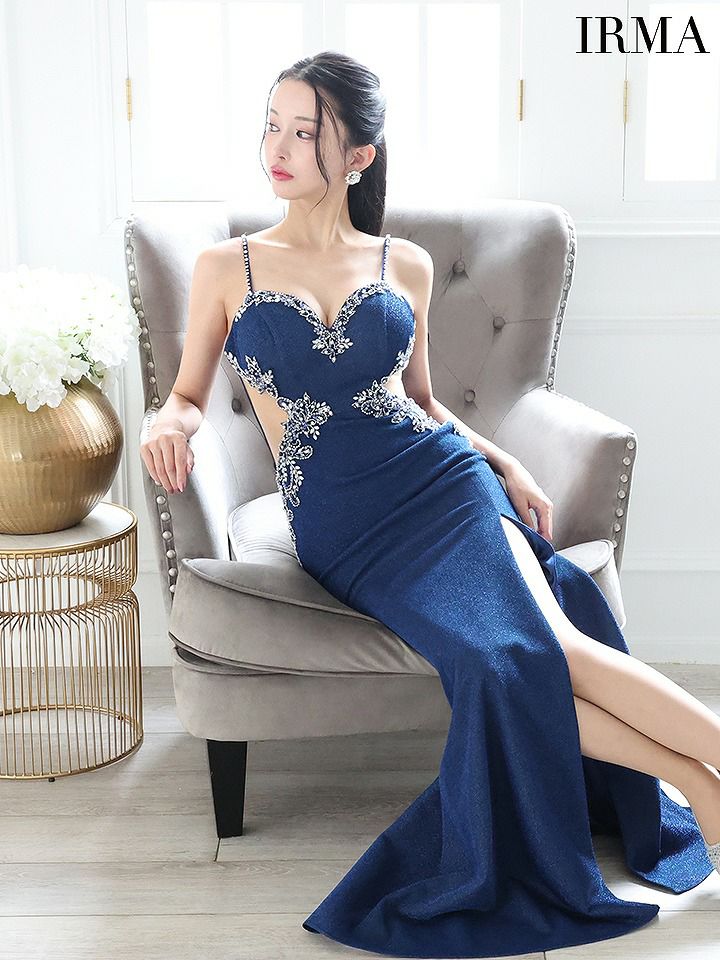 IRMA イルマ ワンカラー/ビジュー/カットアウト/スリット入り/タイトロングドレス ir51778-c