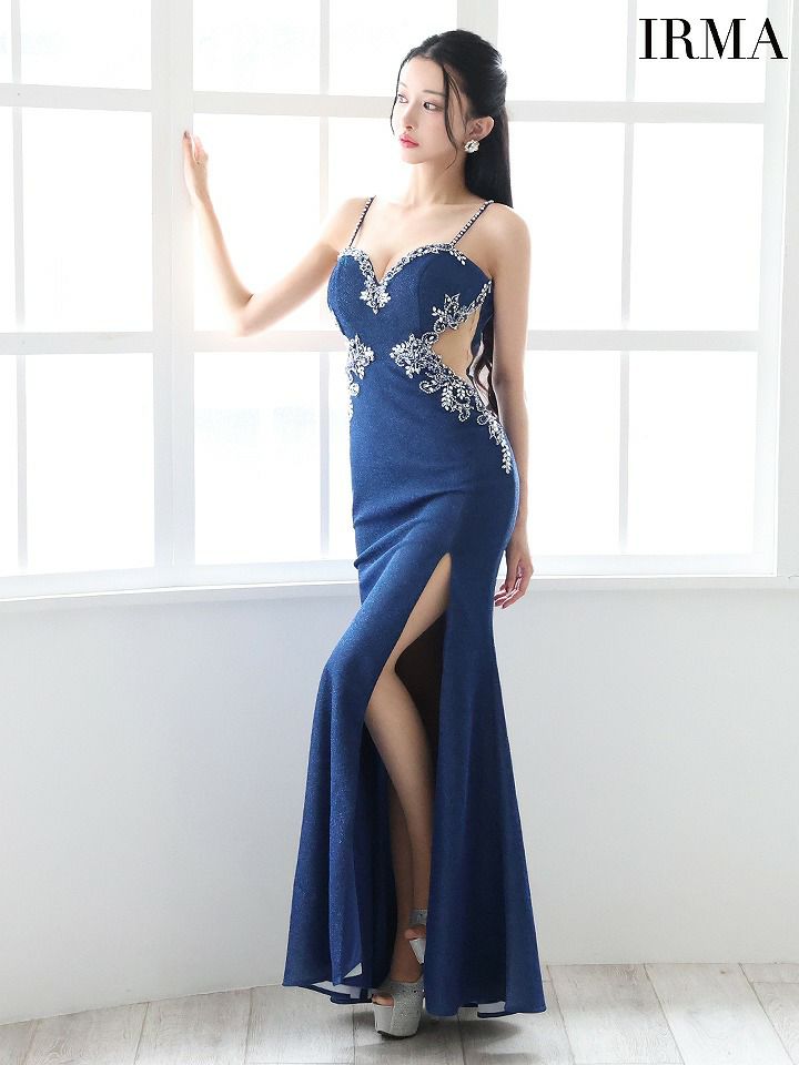 IRMA イルマ ワンカラー/ビジュー/カットアウト/スリット入り/タイトロングドレス ir51778-c