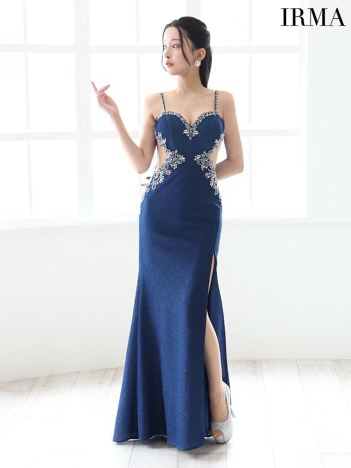 IRMA イルマ ワンカラー/ビジュー/カットアウト/スリット入り/タイトロングドレス ir51778-c