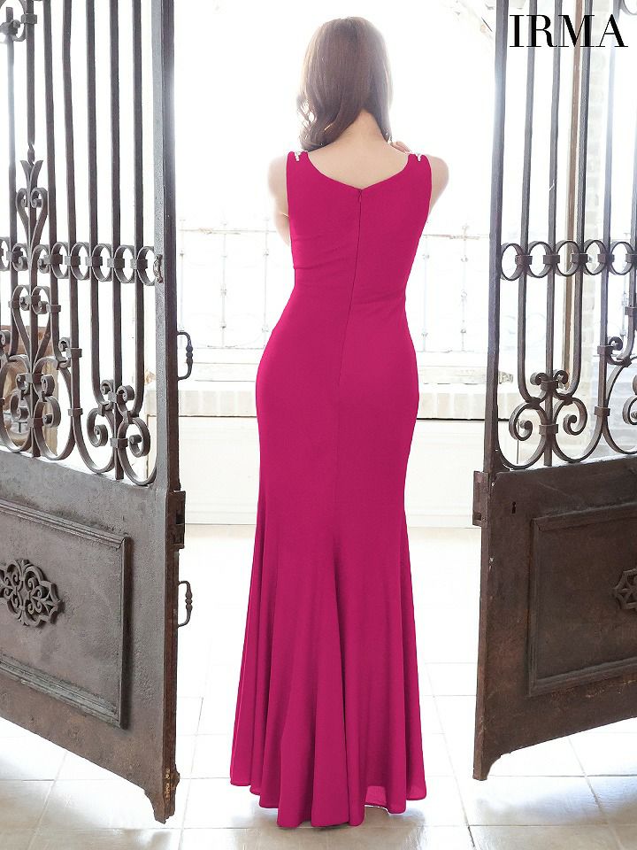 IRMA イルマ ワンカラー/カシュクール/ウエストサイドカットデザイン/ビジュー/スリット入り/タイトロングドレス ir51781-c