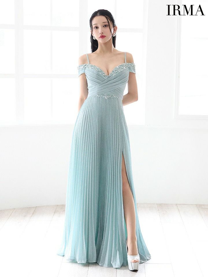 IRMA イルマ ワンカラー/オフショル/ビジュー/タックデザイン/スリット入り/プリーツ/ロングドレス ir51780-c