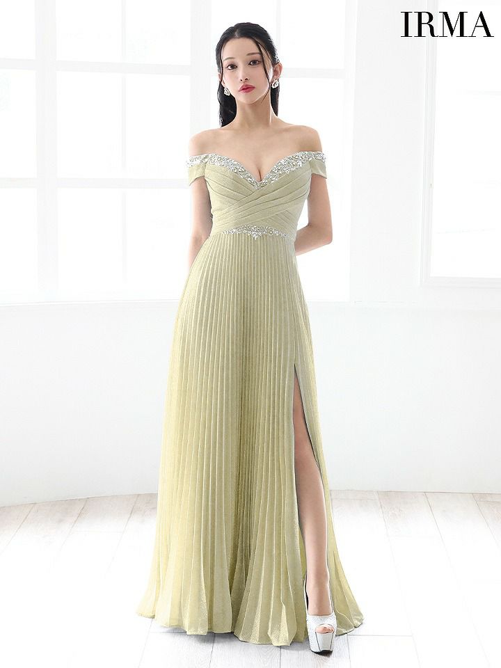 IRMA イルマ ワンカラー/オフショル/ビジュー/タックデザイン/スリット入り/プリーツ/ロングドレス ir51780-c