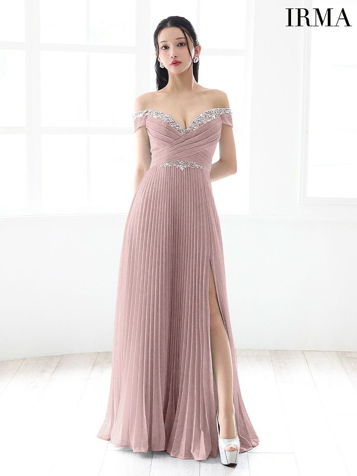 IRMA イルマ ワンカラー/オフショル/ビジュー/タックデザイン/スリット入り/プリーツ/ロングドレス ir51780-c
