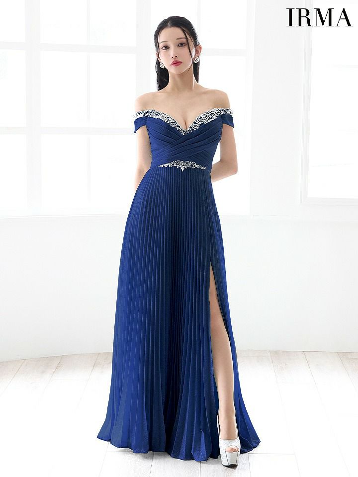 IRMA イルマ ワンカラー/オフショル/ビジュー/タックデザイン/スリット入り/プリーツ/ロングドレス ir51780-c