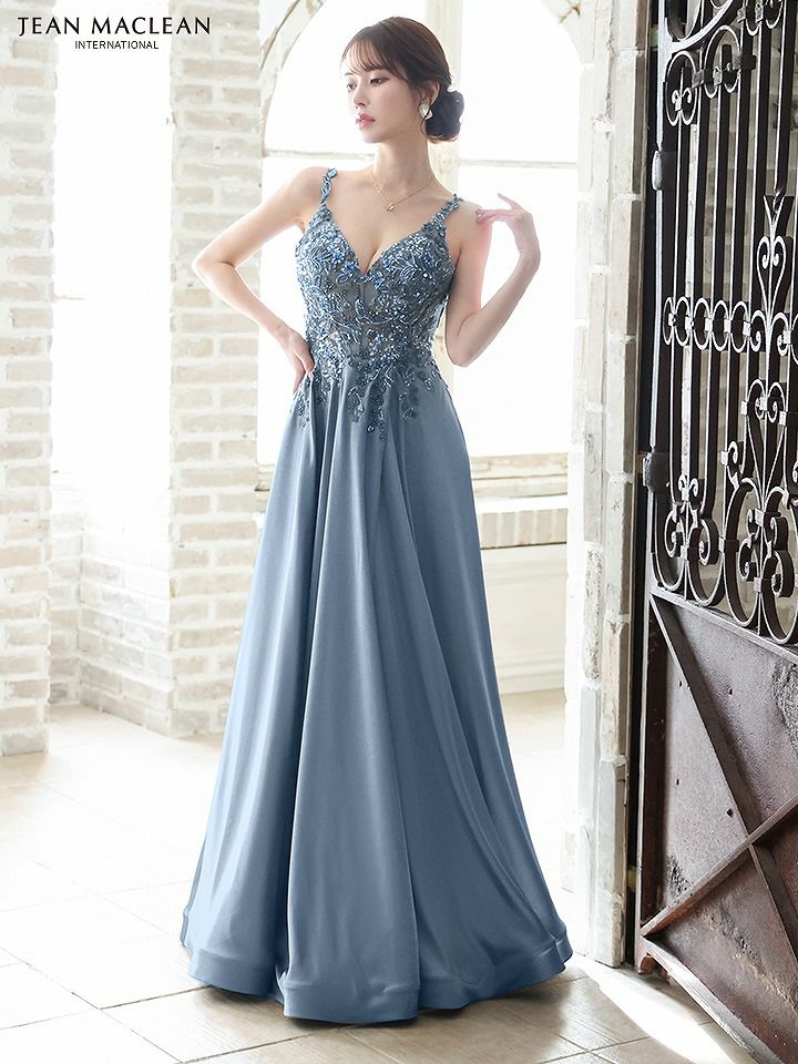 JEAN MACLEAN ジャンマクレーン サテン/スパンコール刺繍/Aライン/フレア/ロングドレス シャンパン ja51803-4-ks