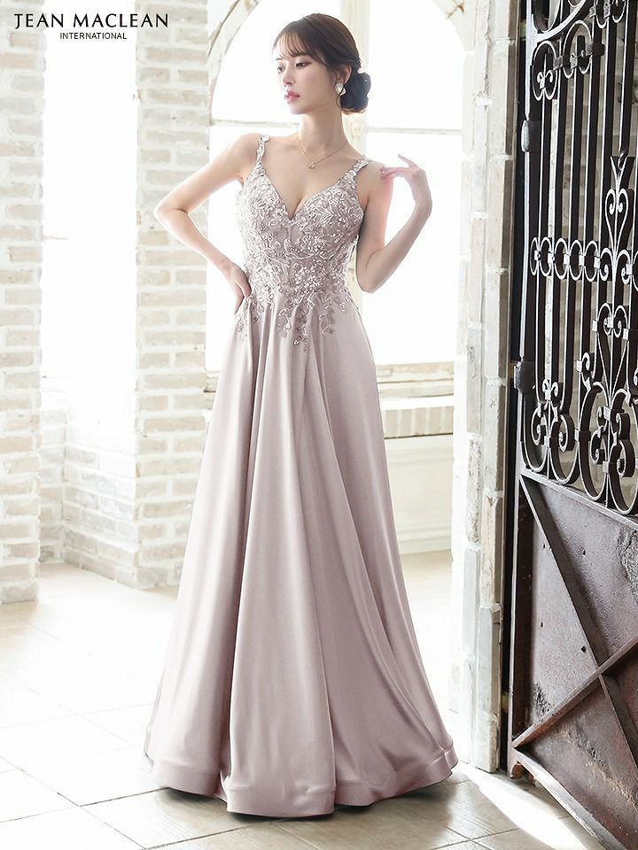 JEAN MACLEAN ジャンマクレーン サテン/スパンコール刺繍/Aライン/フレア/ロングドレス シャンパン ja51803-4-ks