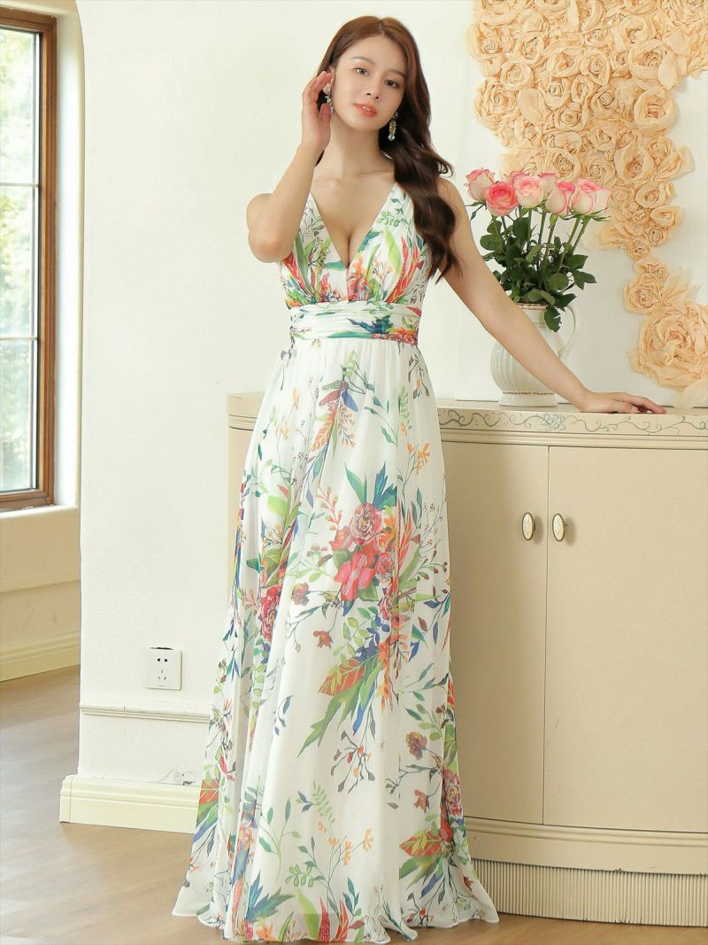 ERUKEI エルケイ ホワイト シフォン・花柄・フラワープリント・Aライン・Vネック・ノースリーブ・ロングドレス ek-s35901-4