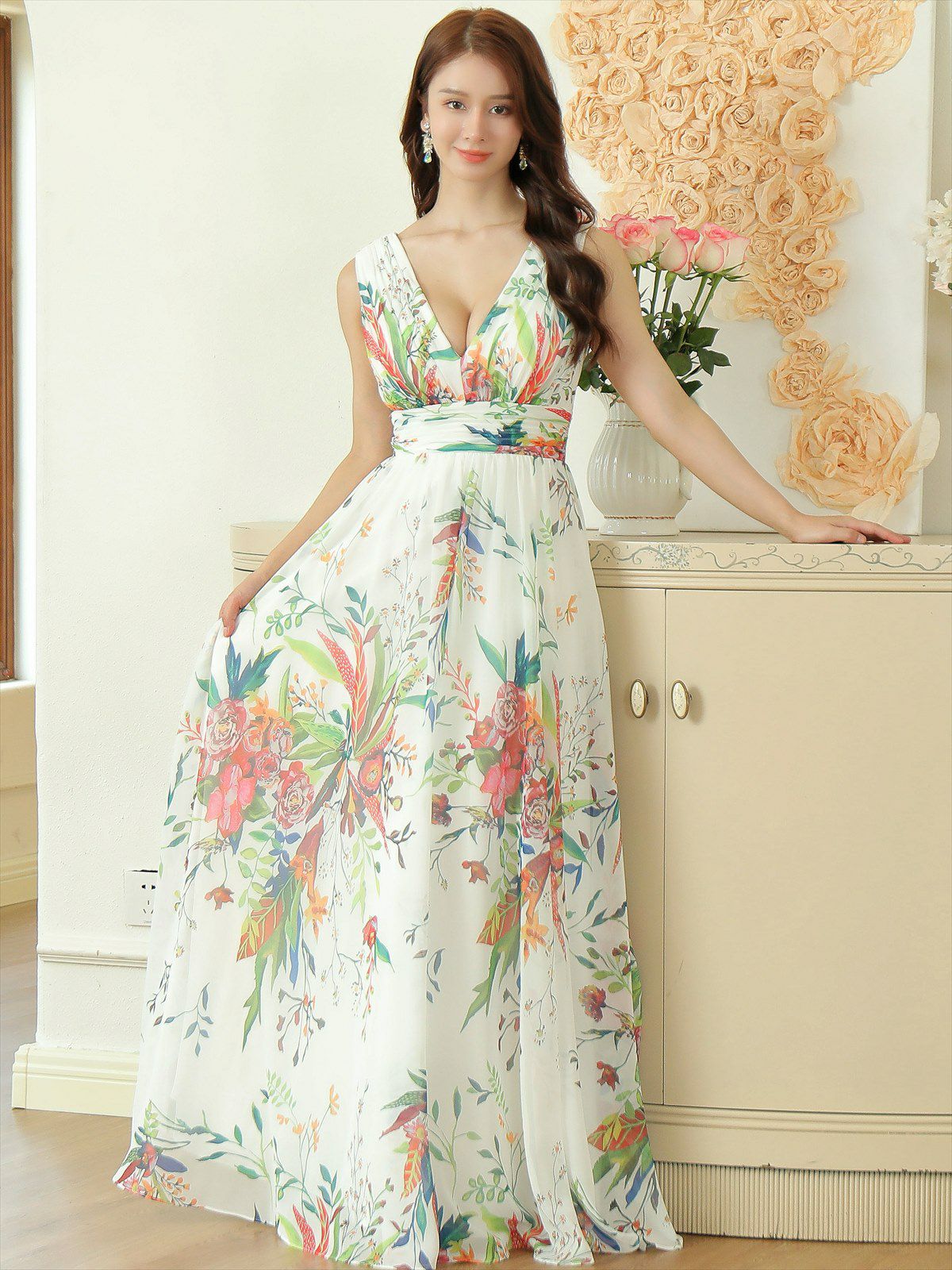 ERUKEI エルケイ ホワイト シフォン・花柄・フラワープリント・Aライン・Vネック・ノースリーブ・ロングドレス ek-s35901-4