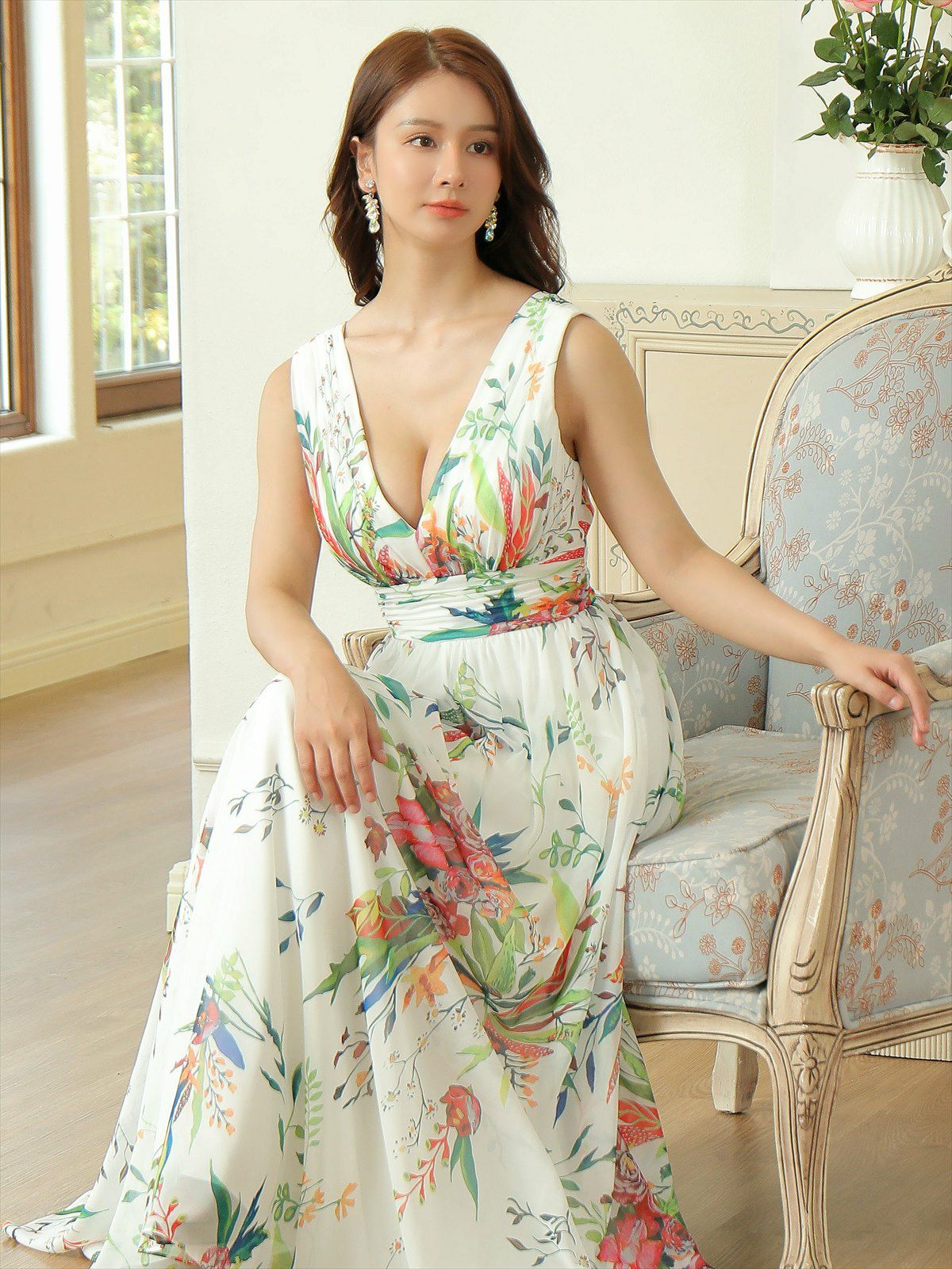 ERUKEI エルケイ ホワイト シフォン・花柄・フラワープリント・Aライン・Vネック・ノースリーブ・ロングドレス ek-s35901-4