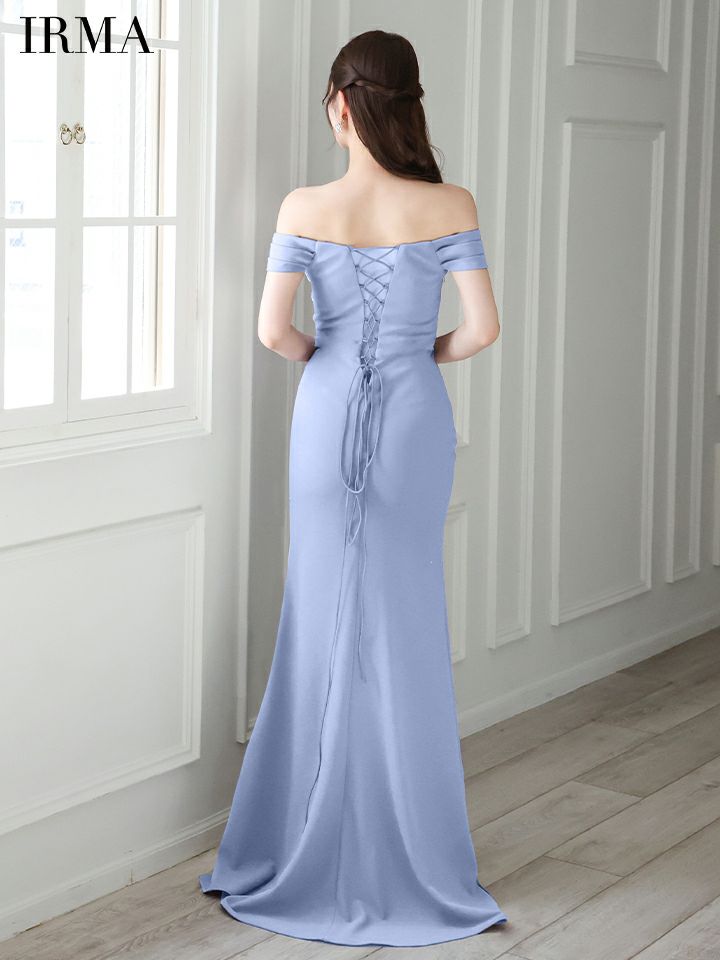 IRMA イルマ 立体フラワーモチーフ/オフショル/ワンカラー/スリット入り/タイト ロングドレス ブルー ir51796-1-ks